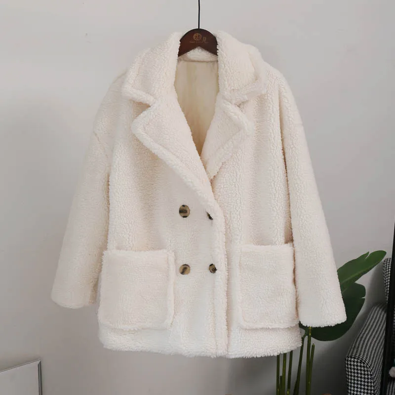 white teddy coat Негабаритный верблюжий искусственный мех плюшевый медведь куртка пальто для женщин Зимняя мода уличный стиль теплое пальто Верхняя одежда Пальто из овечьей шерсти - Цвет: white teddy coat