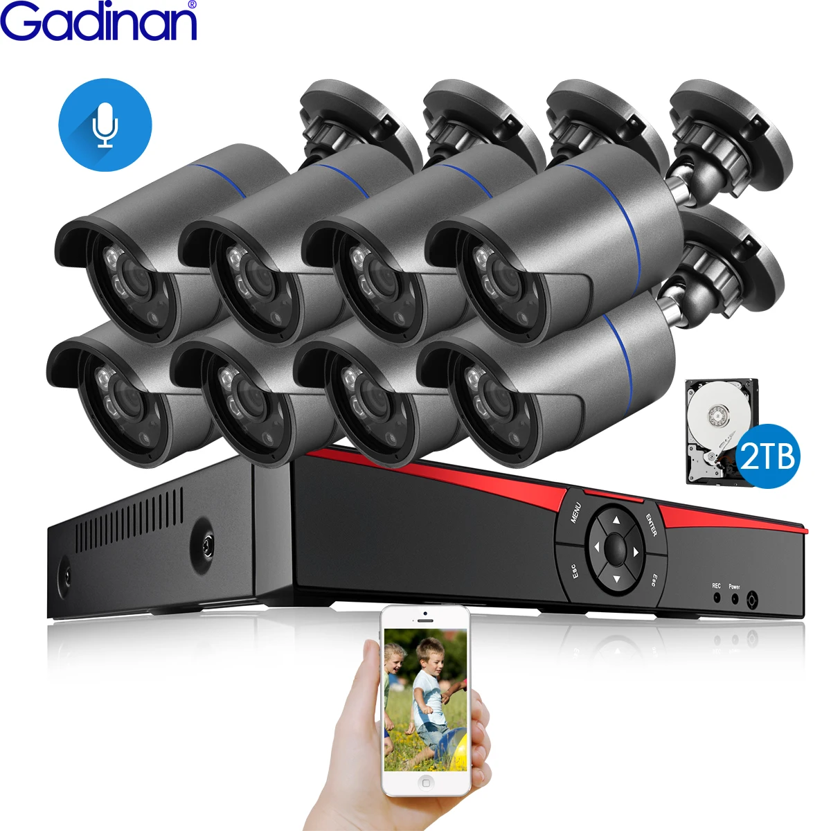 Gadinan 8CH 4MP HDMI POE NVR комплект CCTV система безопасности 4.0MP 3.0MP наружная аудио запись ip-камера комплект видеонаблюдения 2 ТБ HDD