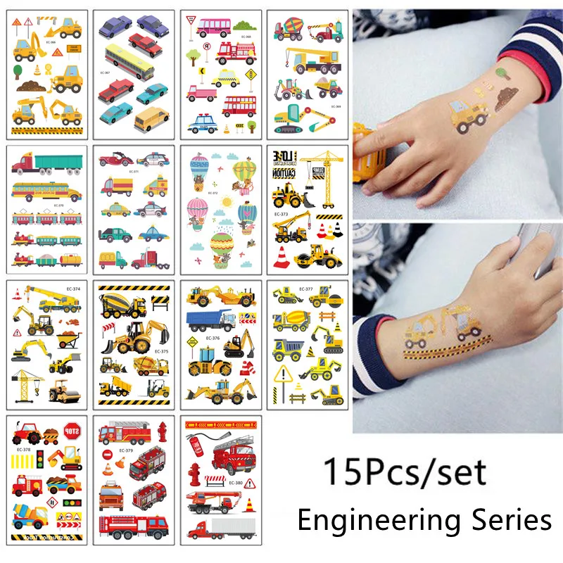 

15Pcs/Set Lovely Engineering Vehicle Water Transfer Waterproof Temporary Tattoo Stickers For Children Boy Girl Gift Fake Tattoos