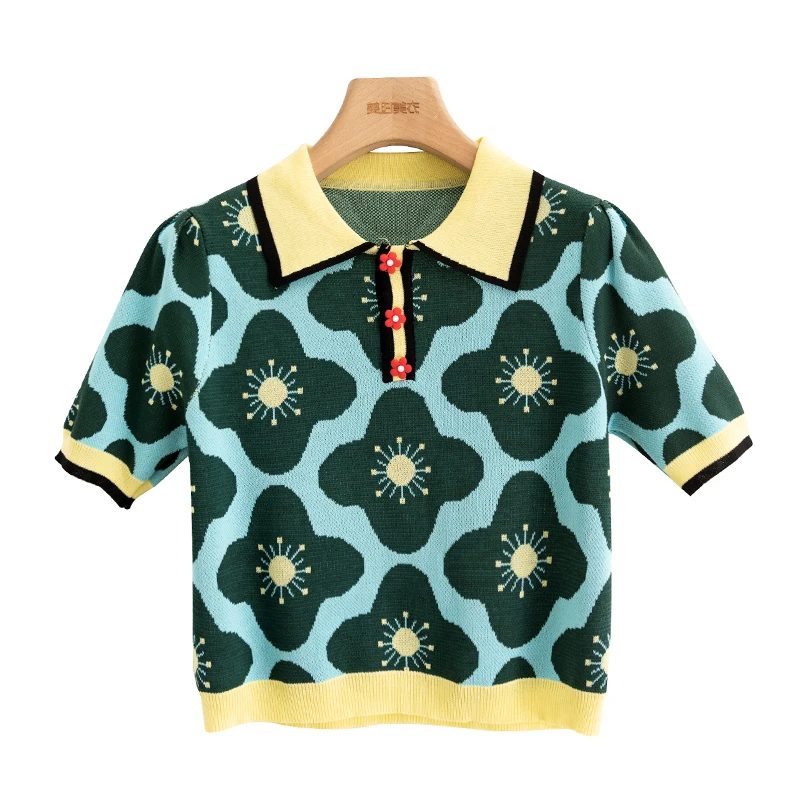 Свитер женский тонкий пуловер жаккардовый с цветочным узором и коротким рукавом