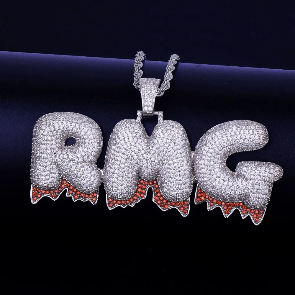 

Custom Name Red Color Drip Bubble Letters Pendants Necklaces Men's Zircon Hop Jewelry With 4mm Tennis Chain For Gift