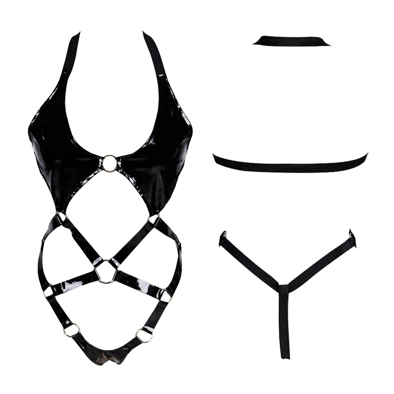 

Women's Patent Leather Leather Harness Set Sexy Metal Chain Women's Erotic Lingerie Bra Gothic Party Prom Hollow Costume