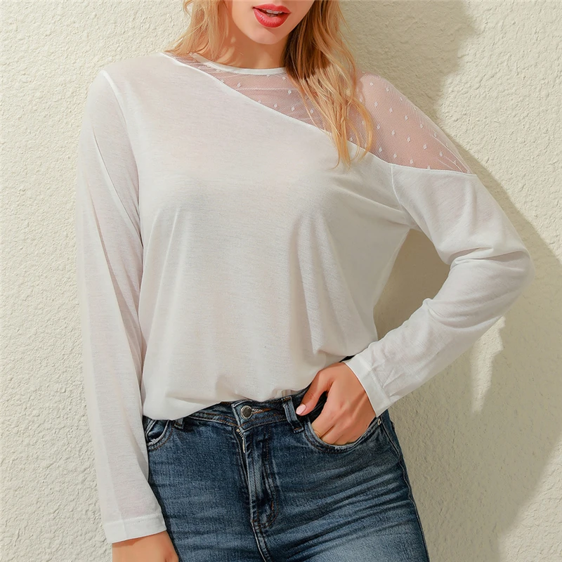 

Ladies Fashion Patchwork Lace Tops Heigh Quality Long Sleeve Shirts New Women Shirt For Female Women Clothing