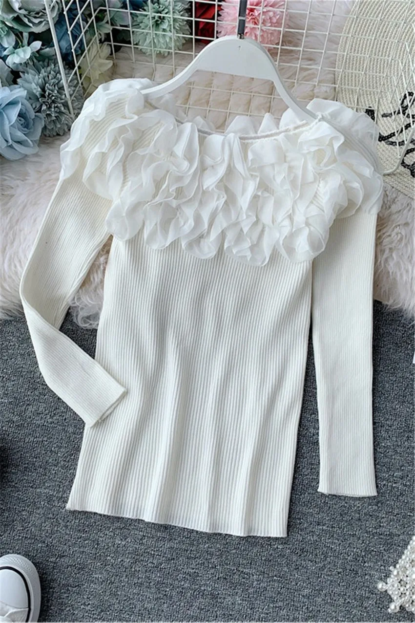 Designer Brand Ruffle 3d Floral Off Shoulder Sweater Women Long Sleeve Knitted Sweaters And Pullovers Slim Jumper Sueter Mujer | Женская