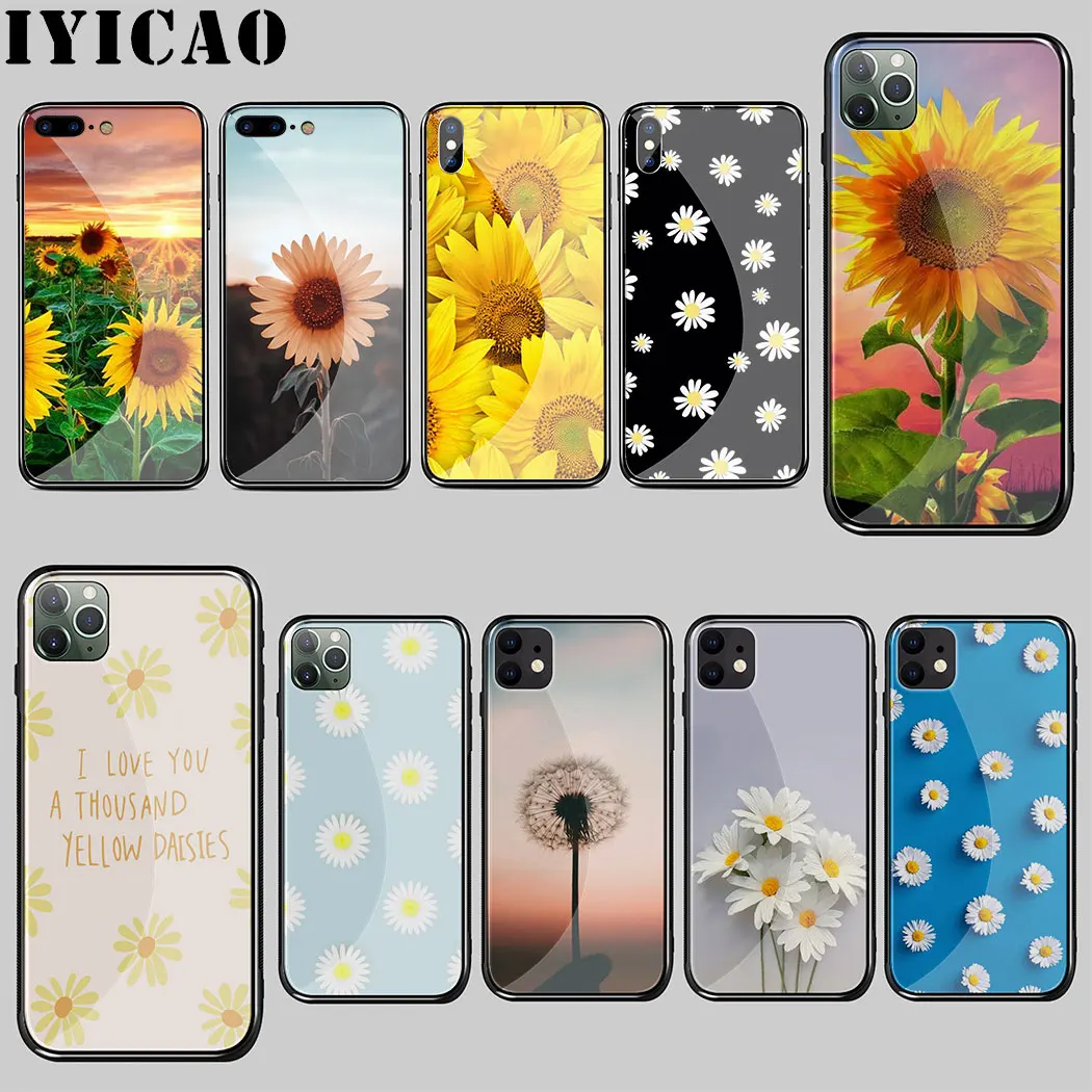 Yellow flower Small daisy sunflower Tempered Glass Case for iphone 5 5S SE 6 6S 7 8 Plus 11 Pro X XR XS Max Cover |