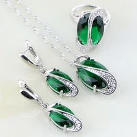 egg shaped green created emerald white stones sterling silver jewelry sets for women wedding earringspendantnecklacering