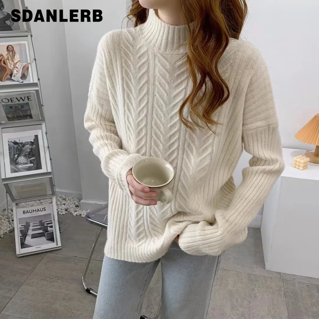 

Утепленная вязаная рубашка с воротником средней высоты для женщин, новинка сезона осень-зима 2021, свободный свитер, пуловер, модная верхняя о...