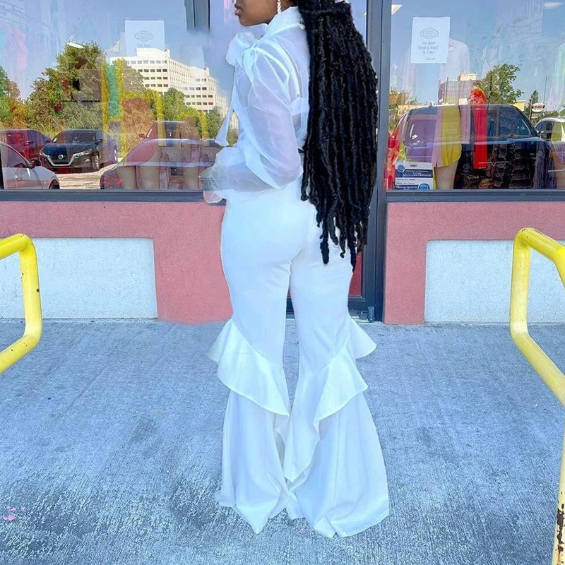 

2021 Spring Summer Fashion Women Two Piece Sets Elegant Chic Outfits Solid Lace Mesh Bowknot Tops & Flare Pants Suits Streetwear