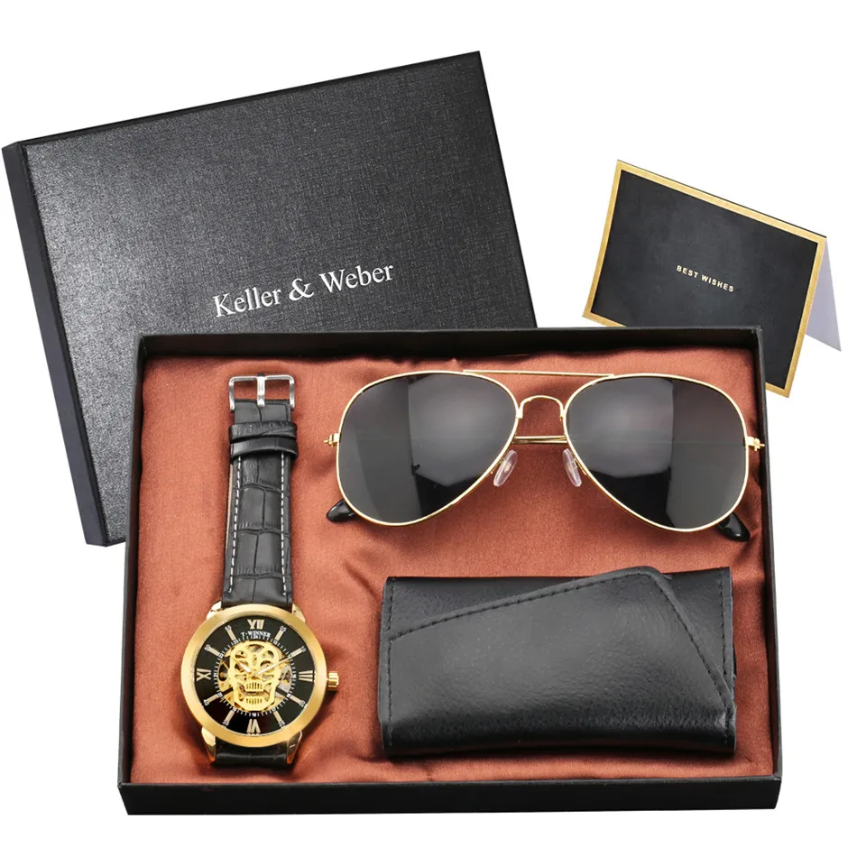 

Keller & Weber Punk Men Watch Set Included Automatic Mechanical Watch Sunglasses Key Package Birthday Gift Watch Set for Husband