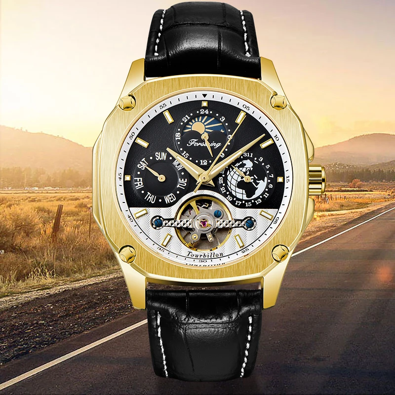 Люксовый бренд FORSINING механические Автоматические часы Авто Дата мужские Tourbillon