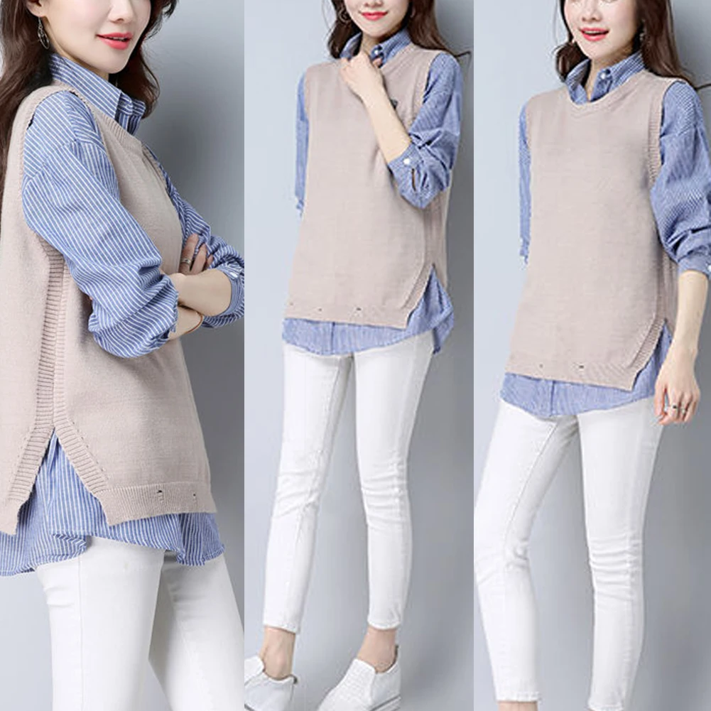 

Women Fashion Long Sleeve Stripes Shirt Knitted Vest Waistcoat Two Piece Outfit