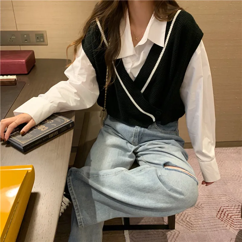 Свободный Повседневный жилет свитер для женщин вязаный короткий однотонный