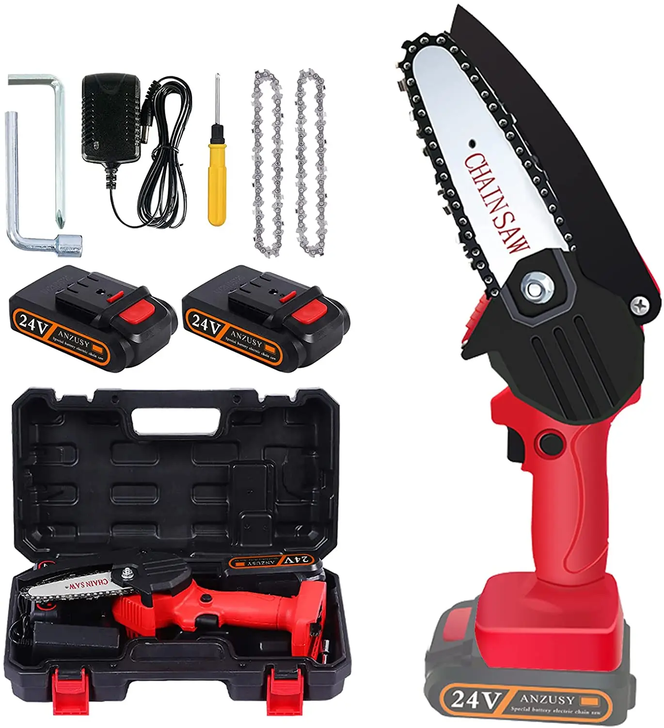 

Mini Chainsaw, ANZUSY 4 Inch Cordless Chainsaw Electric Portable Handheld Chainsaw with 2 Lithium Batteries and Metal wall plate