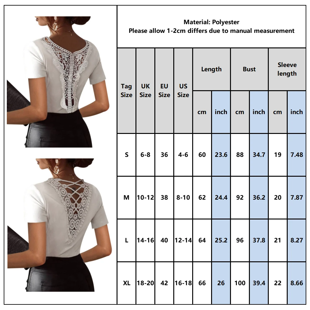 

Sexy V Neck Lace Women T-shirt Back Hollow Out White Tops Ladies Summer Casual Slim Fit Tshirt Tops Short Sleeve Tee Shirt D30