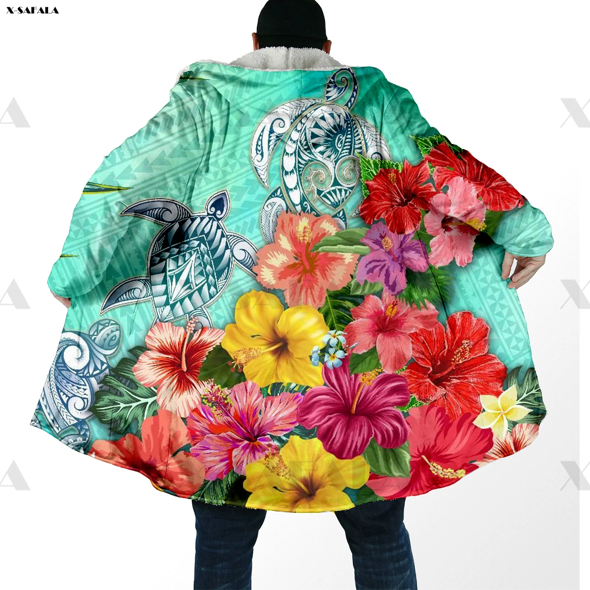 

Polynesia Hibiscus Samoa Hawaii 3D Printed Hoodie Long Duffle Topcoat Hooded Blanket Cloak Thick Jacket Cotton Cashmere Fleece