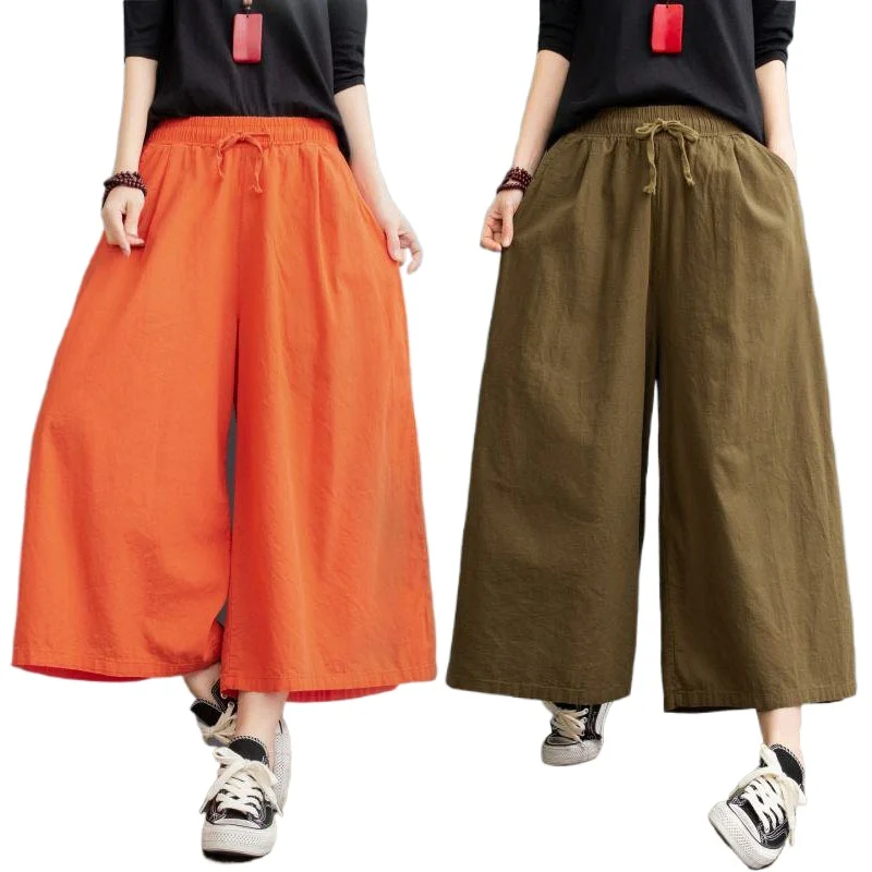 

Новинка 2021, хлопковые и льняные широкие брюки, женские летние тонкие свободные брюки большого размера, повседневные брюки-кюлоты с восьмико...