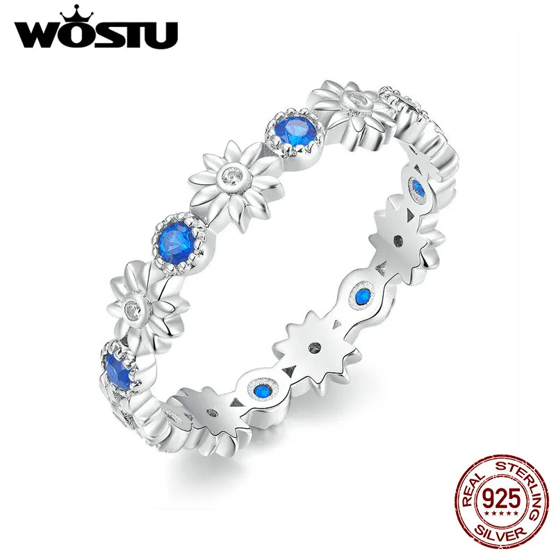 WOSTU,, 925 пробы, серебряное, цветочное, синее, пистильское кольцо, циркон, Штабелируемый палец для женщин, для свадьбы, помолвки, хорошее ювелирное изделие CTR056