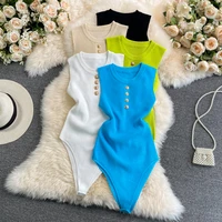 new knitted tanks women o neck sleeveless t shirts all match bottomming knit bodysuits buttons pullovers tops for female