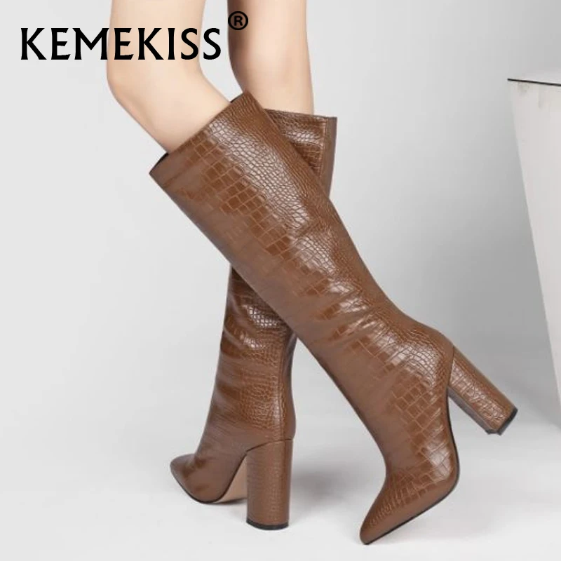 

KemeKiss Size 34-43 Women High Heel Boots Stone Pattern Thick Heel Women Winter Shoes Fashion Sexy Long Boots Party Footwear
