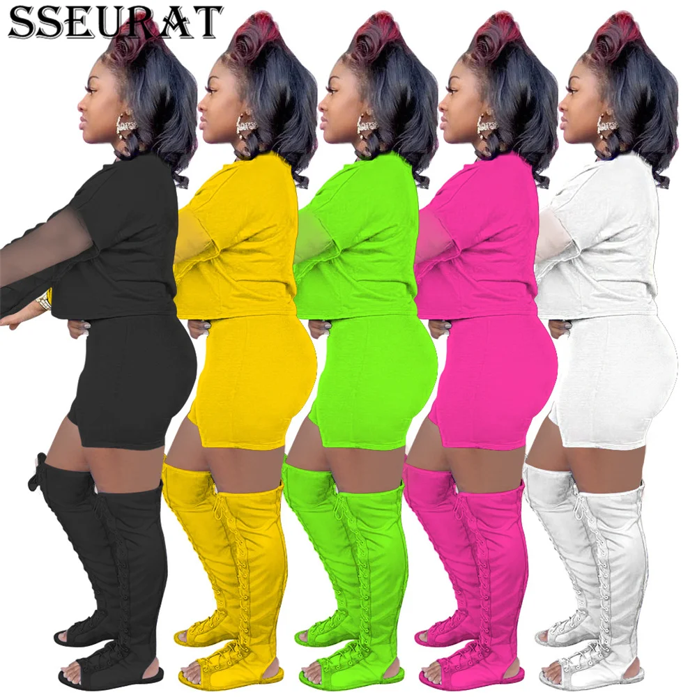 

SSEURAT Women Set Solid Mesh Patchwork Full Sleeve Crop Tops Stretchy Shorts Two 2 Piece Sets Sexy Summer