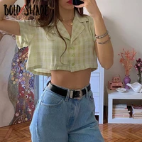 bold shade indie fashion plaid cropped shirts women turn down collar button loose soft girl outfit e girl short sleeve blouses