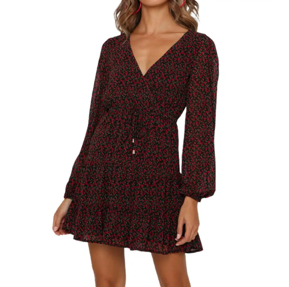 

Женское Хлопковое платье с цветочным принтом, длинным рукавом и V-образным вырезом