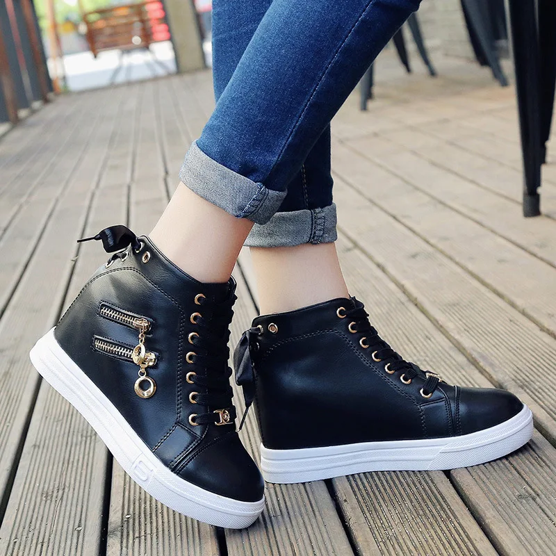 

Women Platform Sneakers High Top 6CM High Heel Shoes Woman White Fashion Sneaker Platform Woman Black Wedge Sneakers Deporte