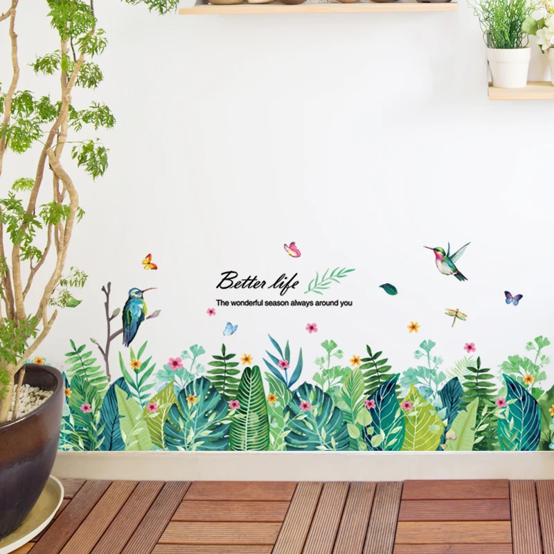 Растительные листья наклейки на стену DIY Зеленая трава настенные для гостиной