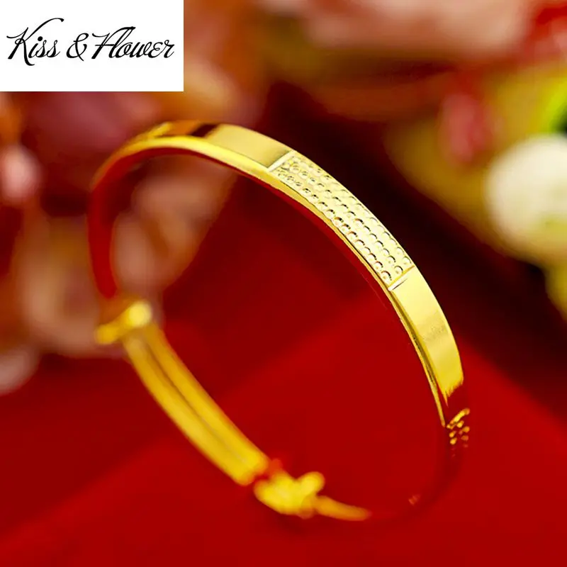 

KISS&FLOWER BR70 Fine Jewelry Wholesale Fashion Woman Birthday Wedding Gift Screw Pattern 24KT Gold Resizable Bracelet Bangle