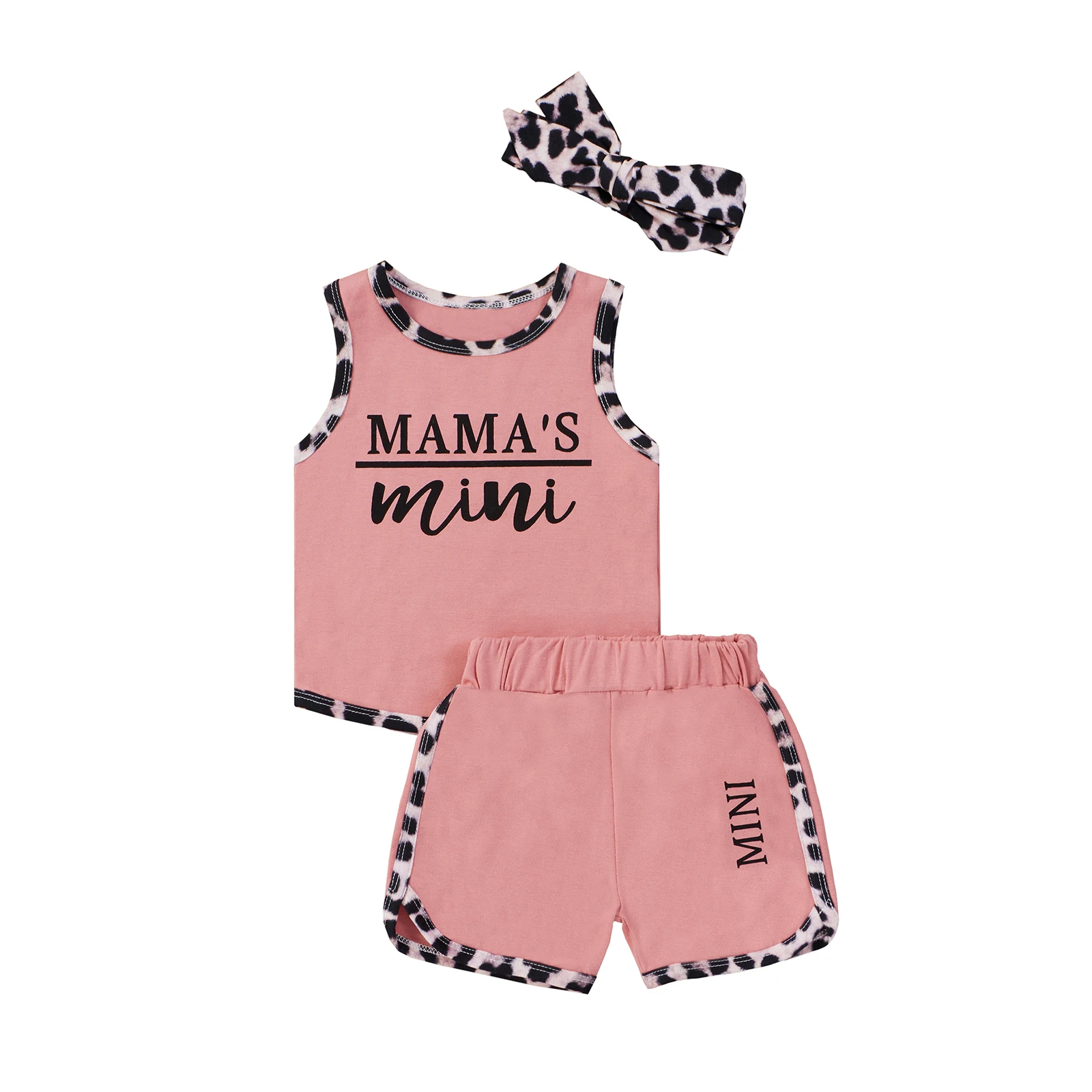 

Infant Baby Girl 0-24M 3Pcs Outfits Suits, Sleeveless Letter Printed Tank Tops + Short Pant + Leopard Headband Sets