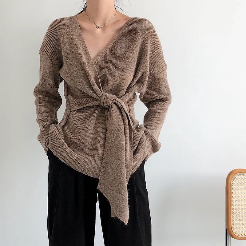 

French Style Women Sweaters Chic Blue V-neck Tie Waist Long-sleeved Knitted Cardigan Fashion Tunic Waist Lace Up casual Jumpers