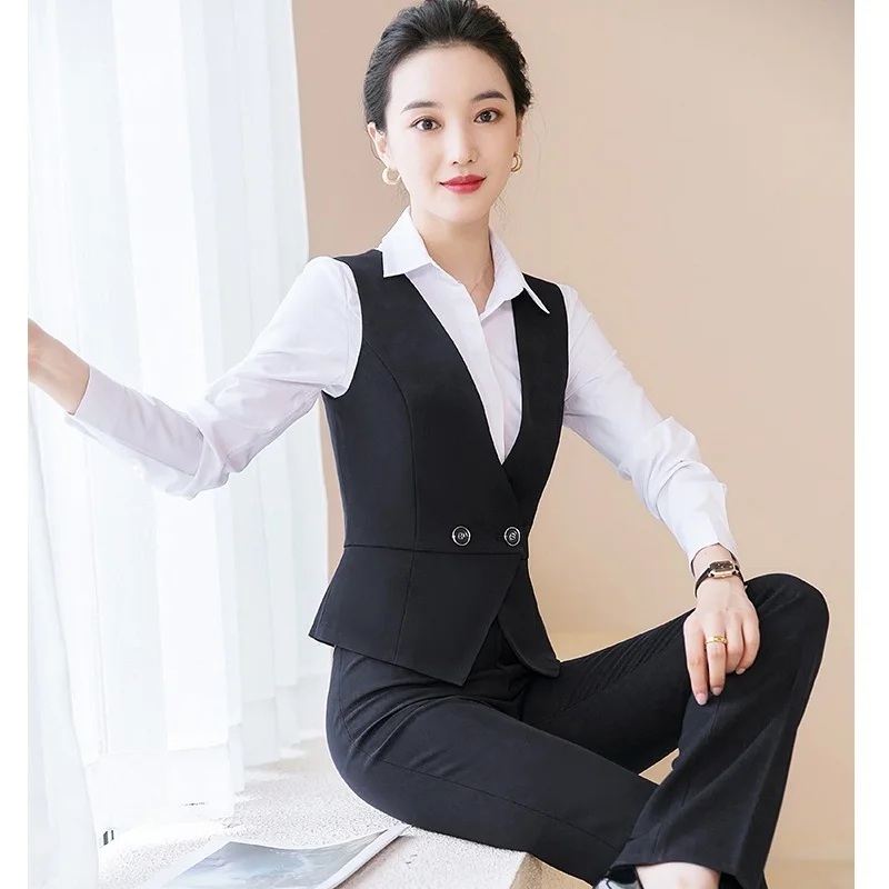 

Деловые женские брюки и топ из 2 предметов, черная жилетка, женская одежда для работы, деловые костюмы, Офисная форма, стили