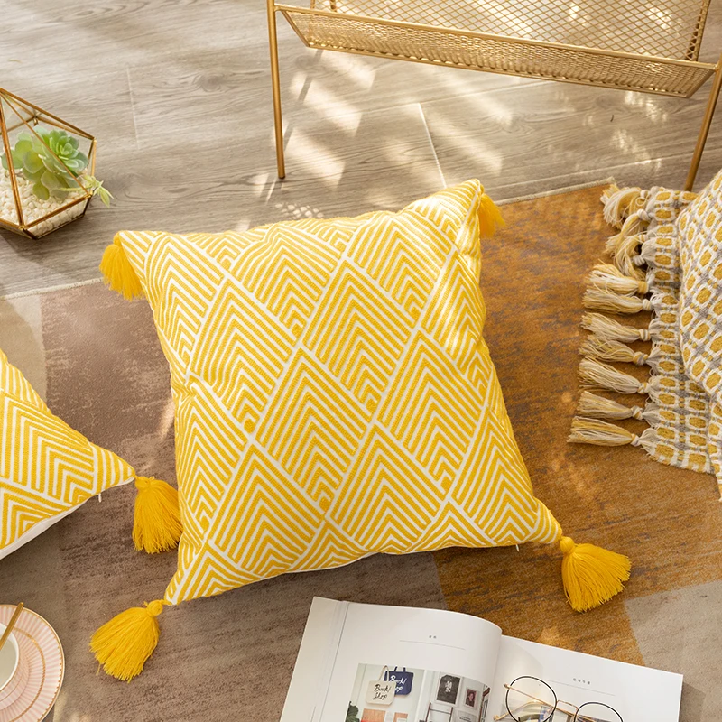 

45x45cm Cushion Cover Geometric Canvas Cotton Embroidery Pillow Cover Decorative Pillowcase for Sofa Bed Yellow