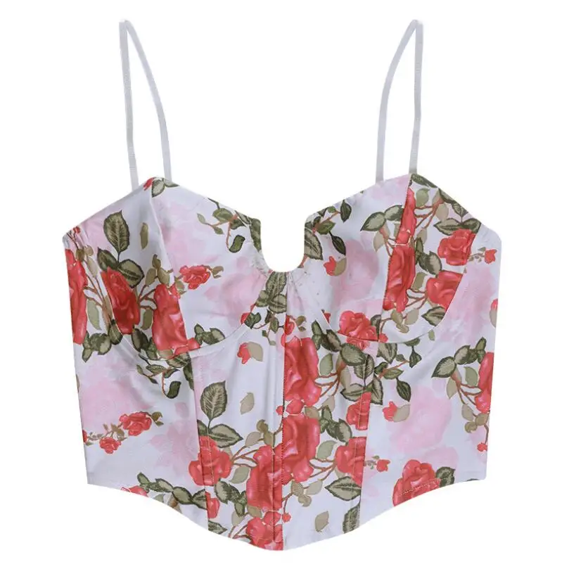 

Rose Floral Print Camis Women Sexy V-Neeck Crop Tank Top Backless Corsets Women 2021 Fashion Camisole Bra Bustier P70