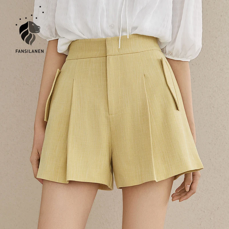 

FANSILANEN Loose pleated wide leg casual shorts Women sexy high waist black shorts Female yellow elegant linen summer shorts