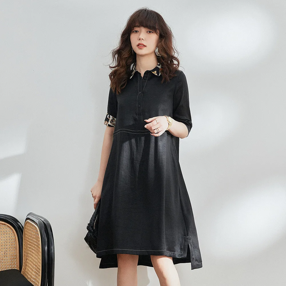 

Rongtai 2021 spring and summer new xiangyunsha silk dress femininity black silk print skirt