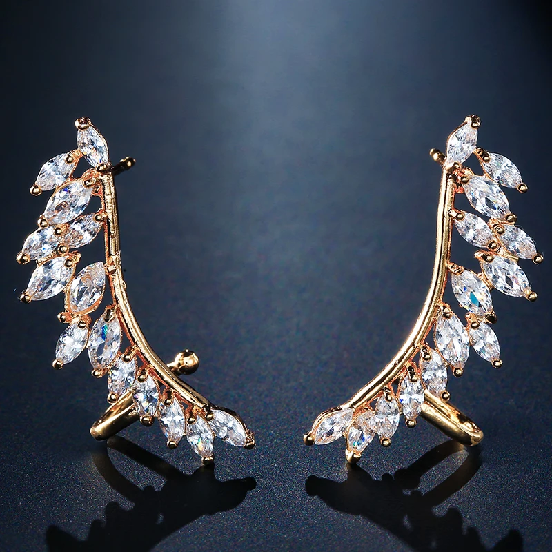 UILZ модные серьги клипсы в форме пера с кристаллами для женщин ювелирное изделие