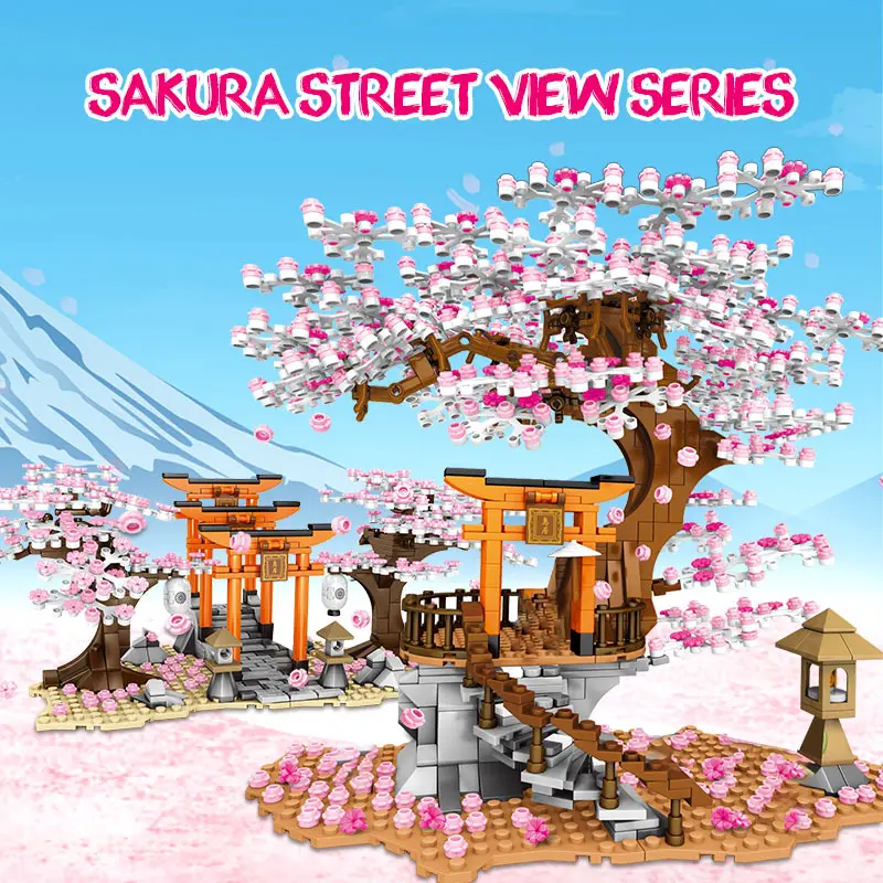 

City Street View Idea Sakura Stall Inari Shrine Bricks Friends Cherry Blossom Landscape House Tree Building Block Toys