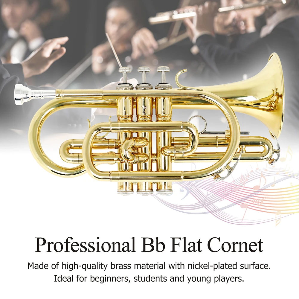 Ammoon Профессиональный Bb плоский Cornet латунный с чехлом для переноски перчатки