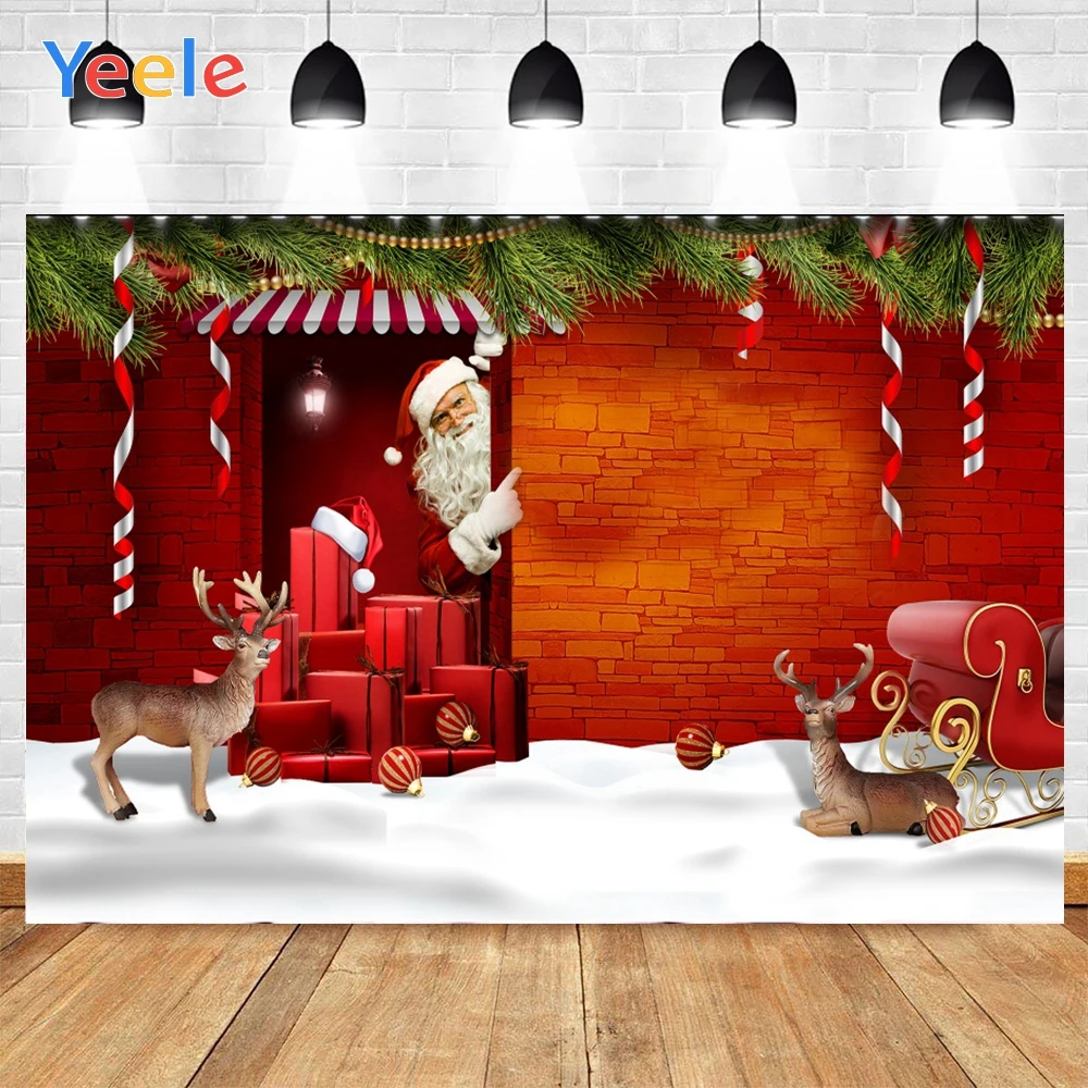 Yeele красная кирпичная стена Санта Клаус сани подарки милый олень сосновые ветви