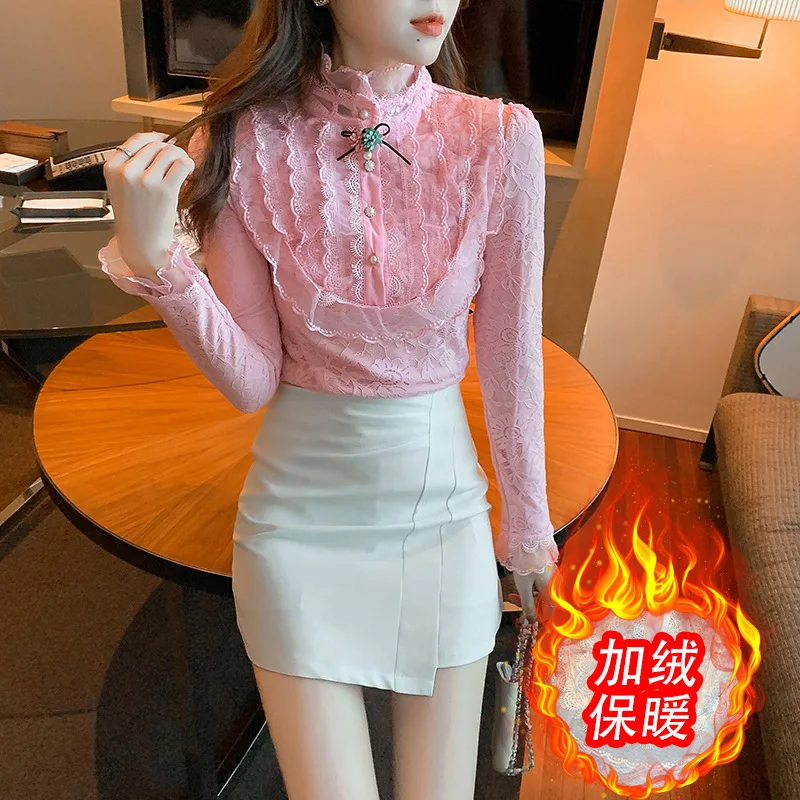 

new winter plush thickening woman long sleeve turtleneck pure lace top Korean small fragrant bottomed shirt