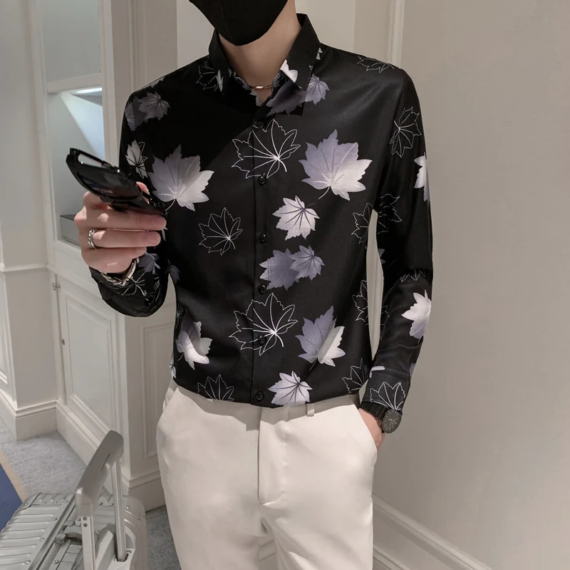

Button Up Floral Shirt For Men Autumn Long Sleeved Slim Fit Korean Mens Printed Shirts Fashion Maple Leaf Camisa Hawaiana Hombre