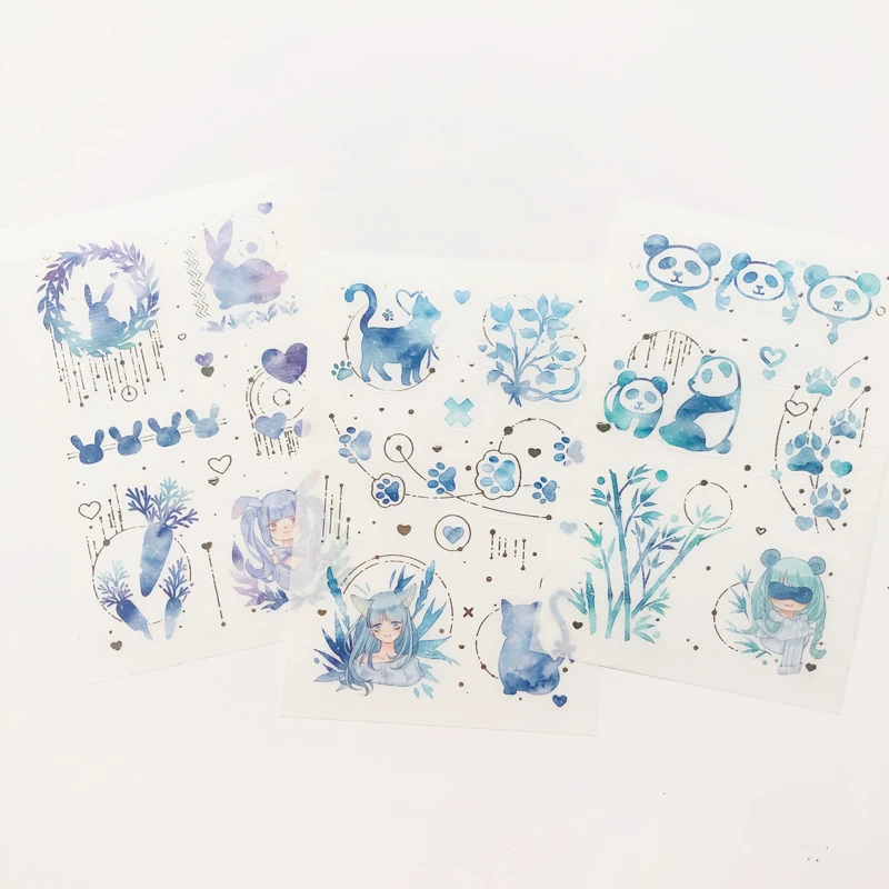 3 Sheets Glitter Starry Color Panda Cat Paper Stickers Hand Account Decor Notebook Decorative Sticker