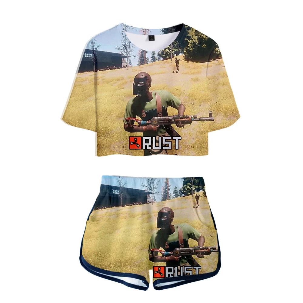 

WAWNI Rust Game Exposed Navel T Shirt Fashion Hip Hop Suit Harajuku Polyester Casual Shorts Two Piece Set Women's 3D New Suit