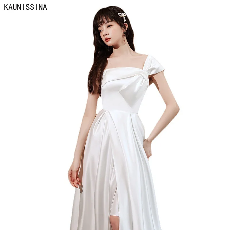 

KAUNISSINA Korean Wedding Dresses Women One Shoulder Solid Pleated A Line Beach Bridal Gown Sexy High Split Bride Wedding Gowns