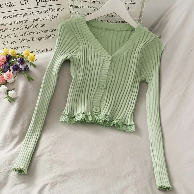 

Women's Fashion V-neck Button Sexy Lace Ruffled Short Section Knitted Cardigan