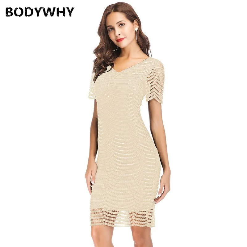 

Hot Sale High Quality European and American Women's Deep V-Neck Short Sleeve Wavy Sequin Sexy Dress Free Shipping