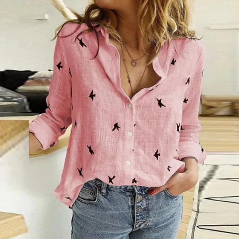 

Simple Style Button Shirt Ladies Loose Turndown Collar Print Tops Spring Fashion Long-sleeved Blousa Autumn Harajuku Shirts Top