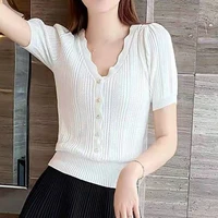 ljsxls new v neck short sleeve sweater woman summer fashion button knitted pullovers womens sweater white elegant slim top femme