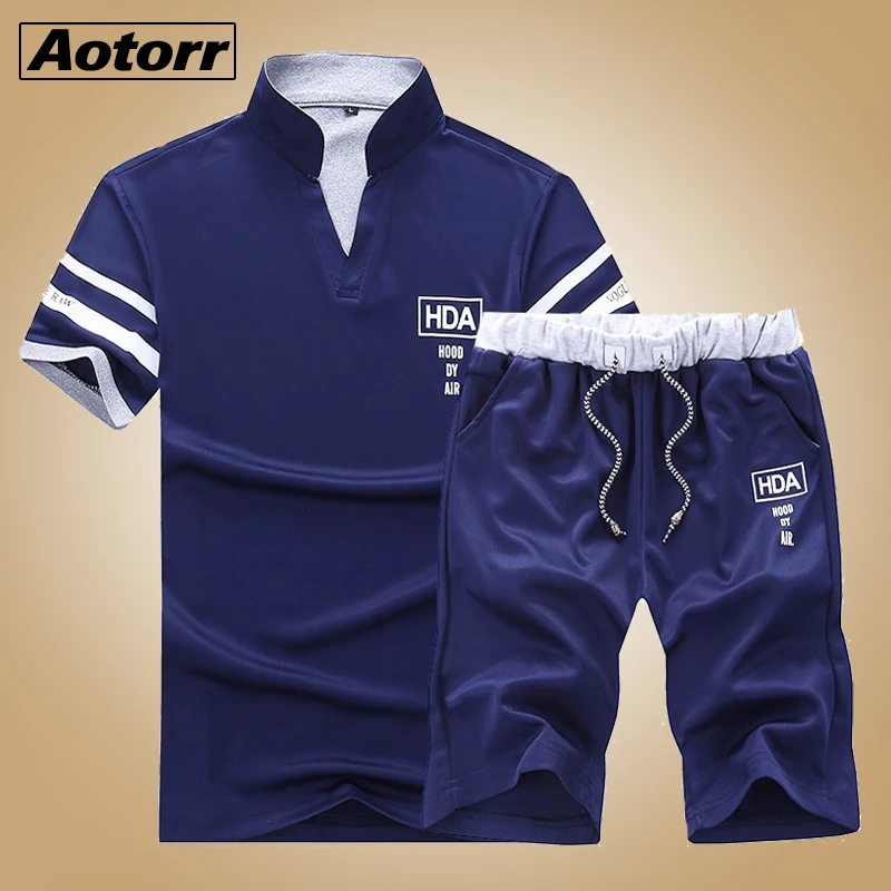Новый летний Для мужчин Спортивные костюмы из 2 предметов короткий рукав письмо
